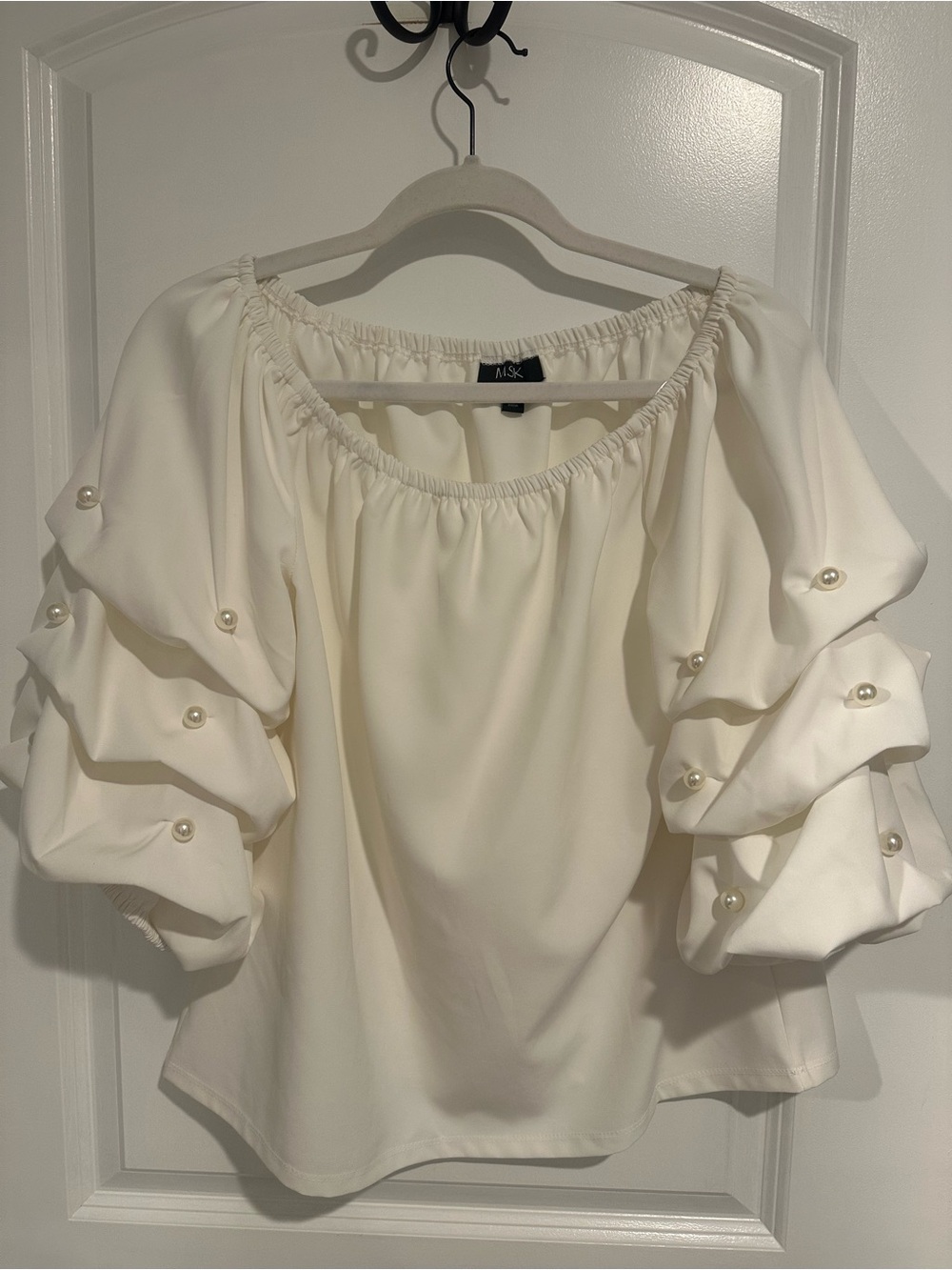White Pearl-Embellished Puff Sleeve Blouse